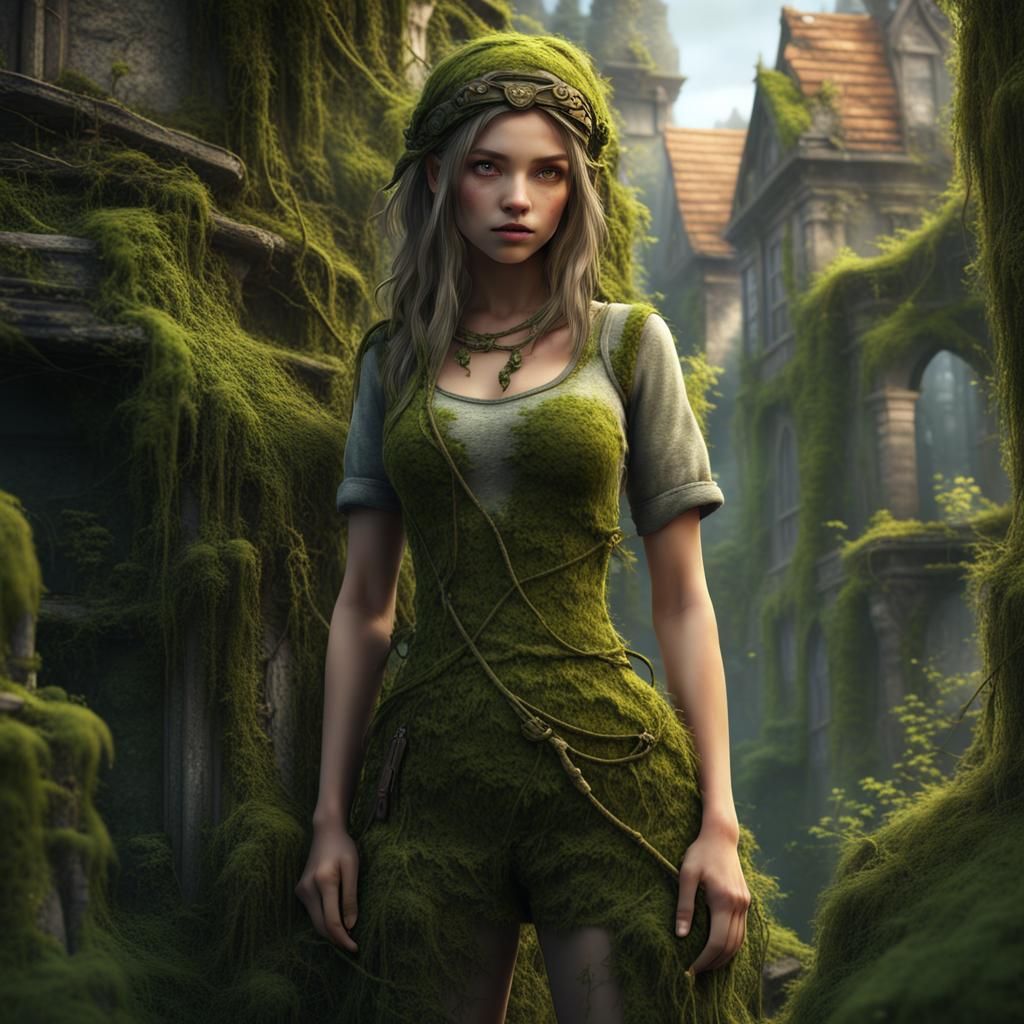 Girl in Overgrown City, Detailed Matte Painting