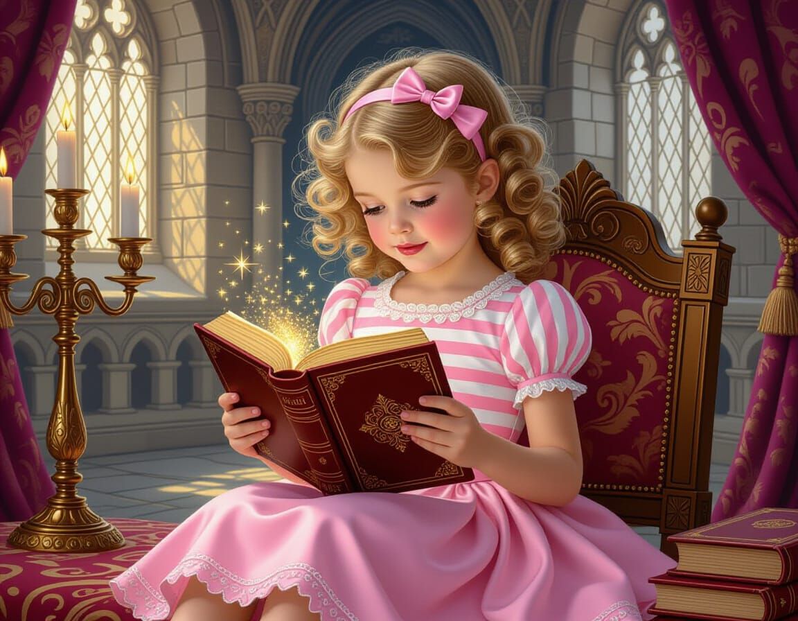 Girl Reads Fairytale Book in Castle, Whimsical Nostalgic Art