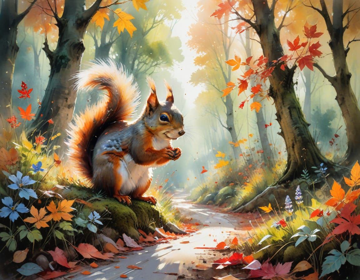 Squirrel in Autumn Canopy: Watercolor Painting