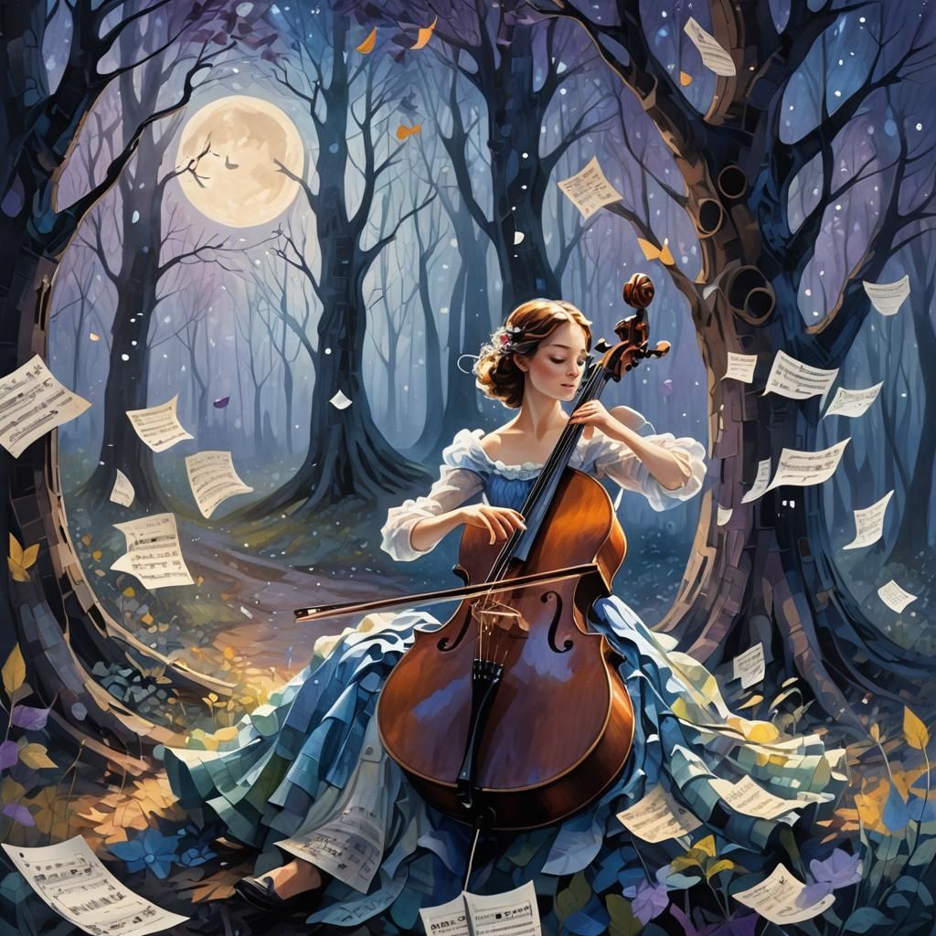Ethereal Cellist in Moonlit Forest, Chagall Style
