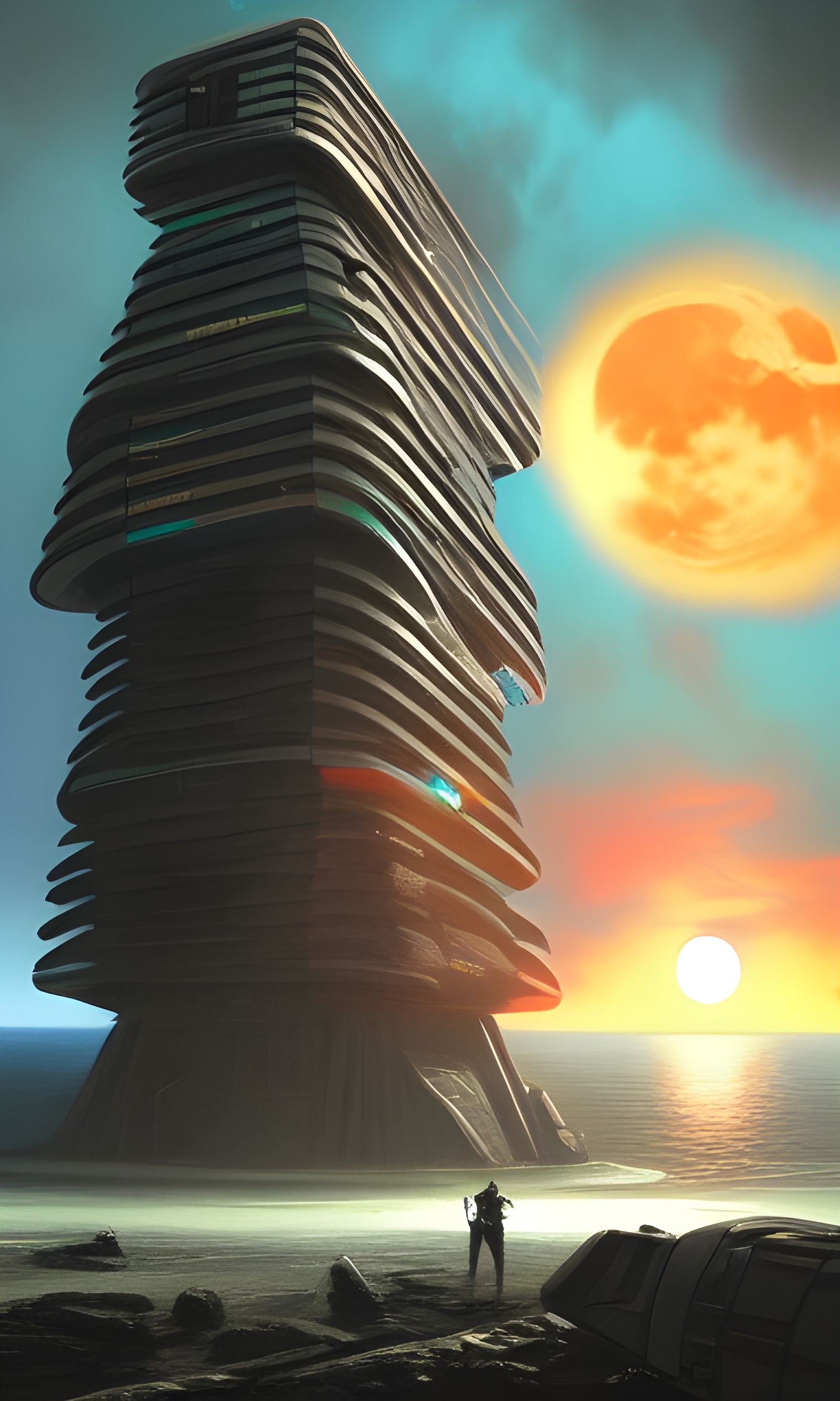 Brutalist Intergalactic Tower at Sunset, by Frazetta