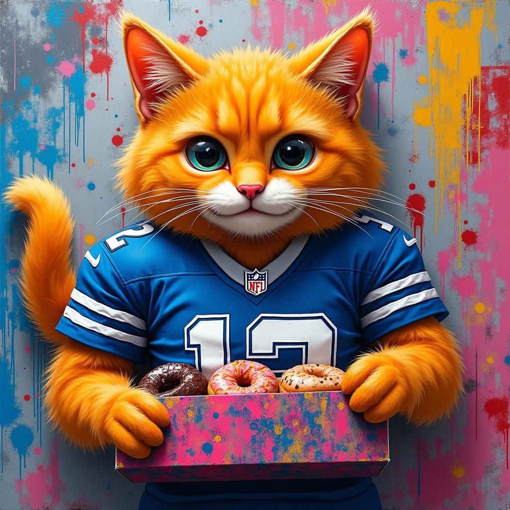 Orange Cat in Sports Jersey with Donuts, in Street Art Style