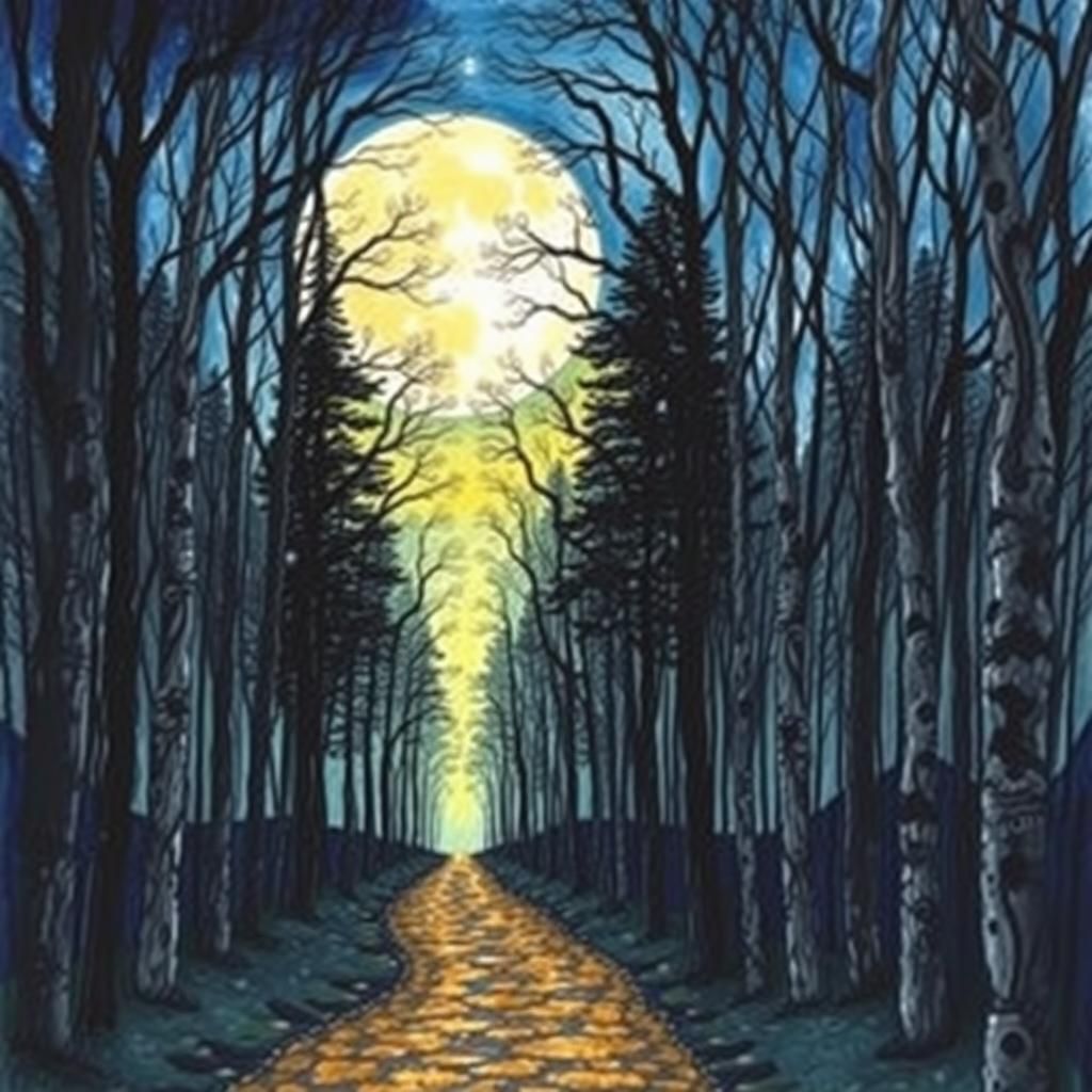 Moonlit Arabesque Forest in Cubist Watercolor Style