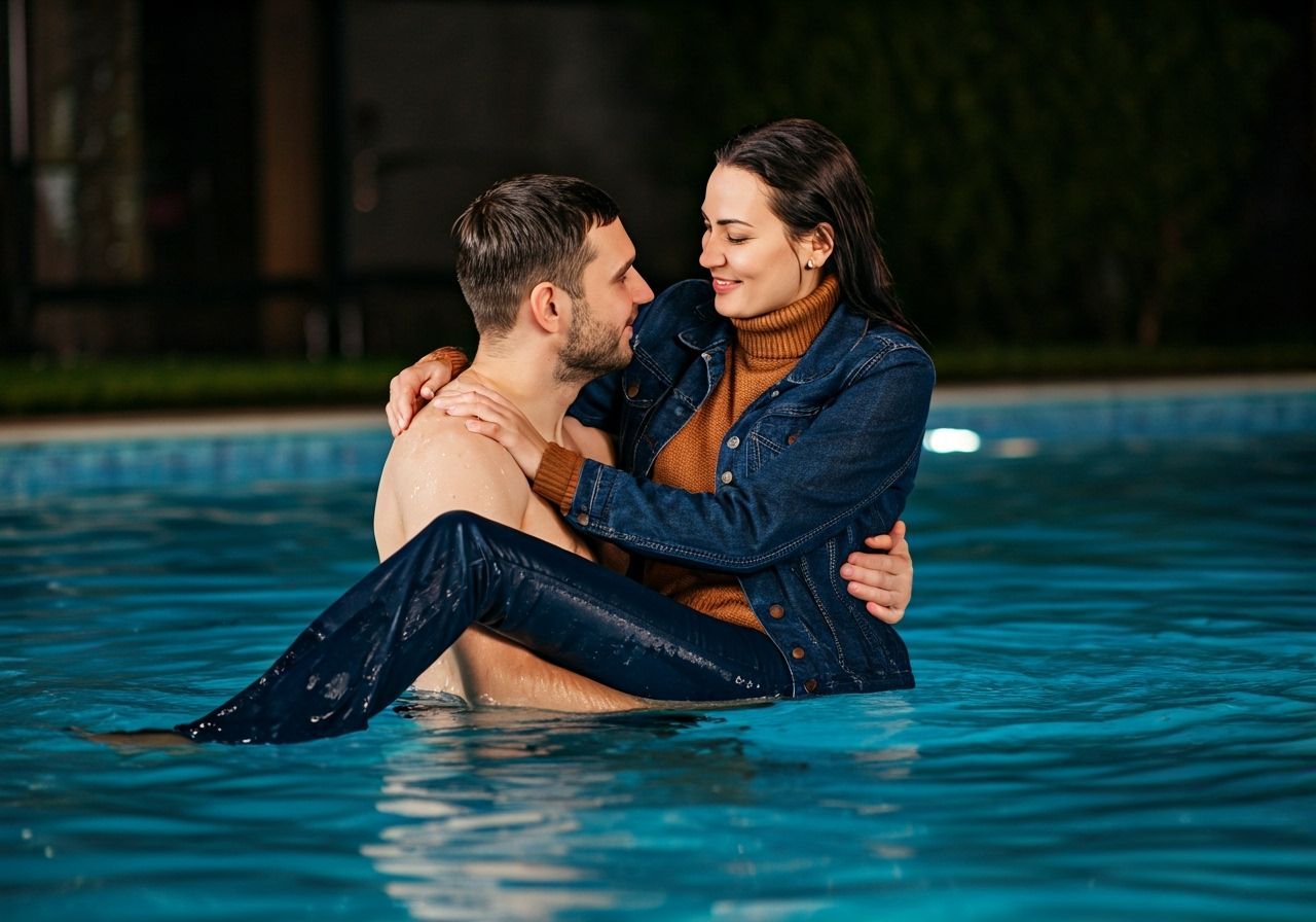 Married Couple Embrace in Pool at Night