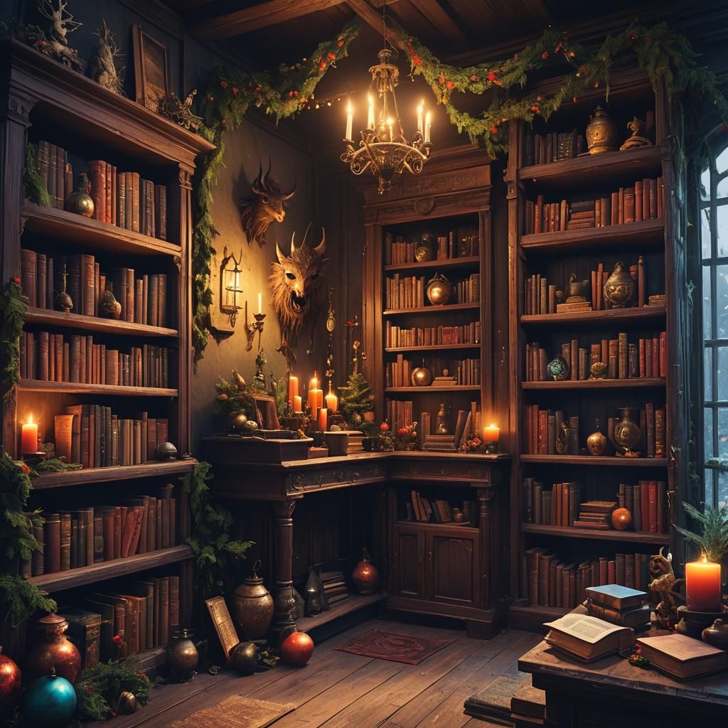 Spooky Christmas Entryway with Magic Books