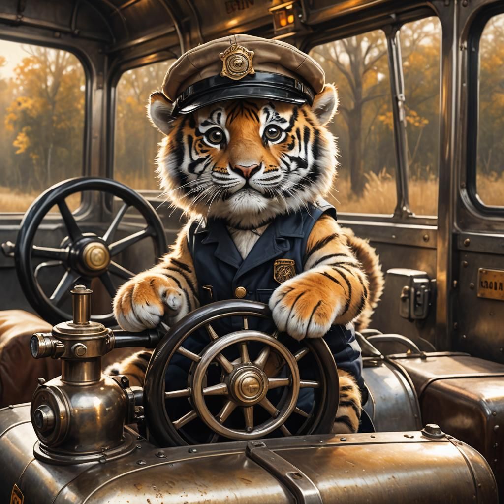 Tiger Cub Conductor in Kettle Train: Hyperrealistic Art