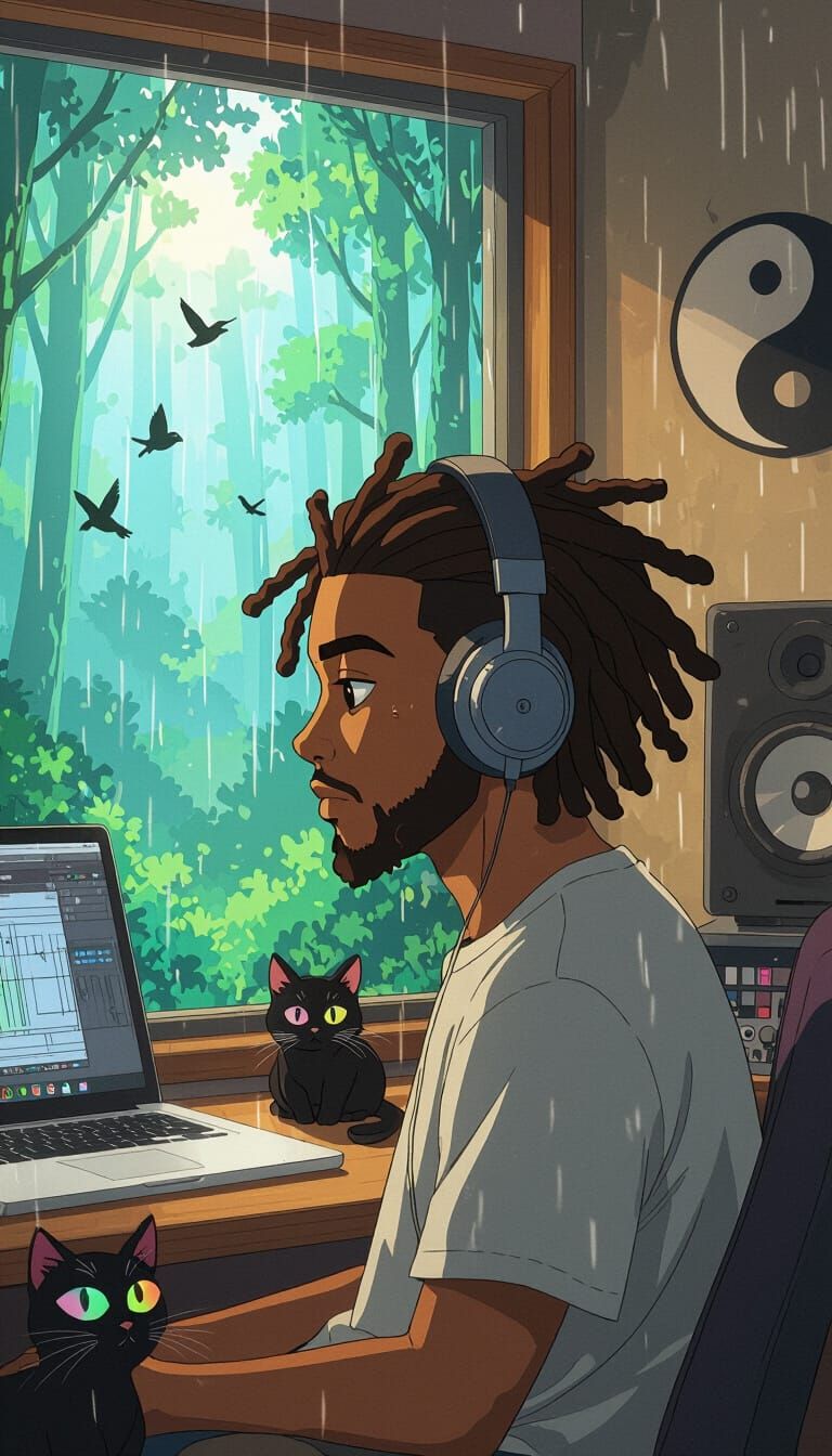 Lofi Character in Studio with Surreal Forest View