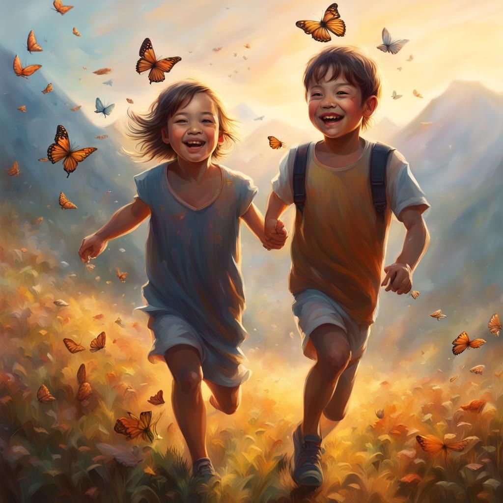 Playful Children in Misty Sunrise Field