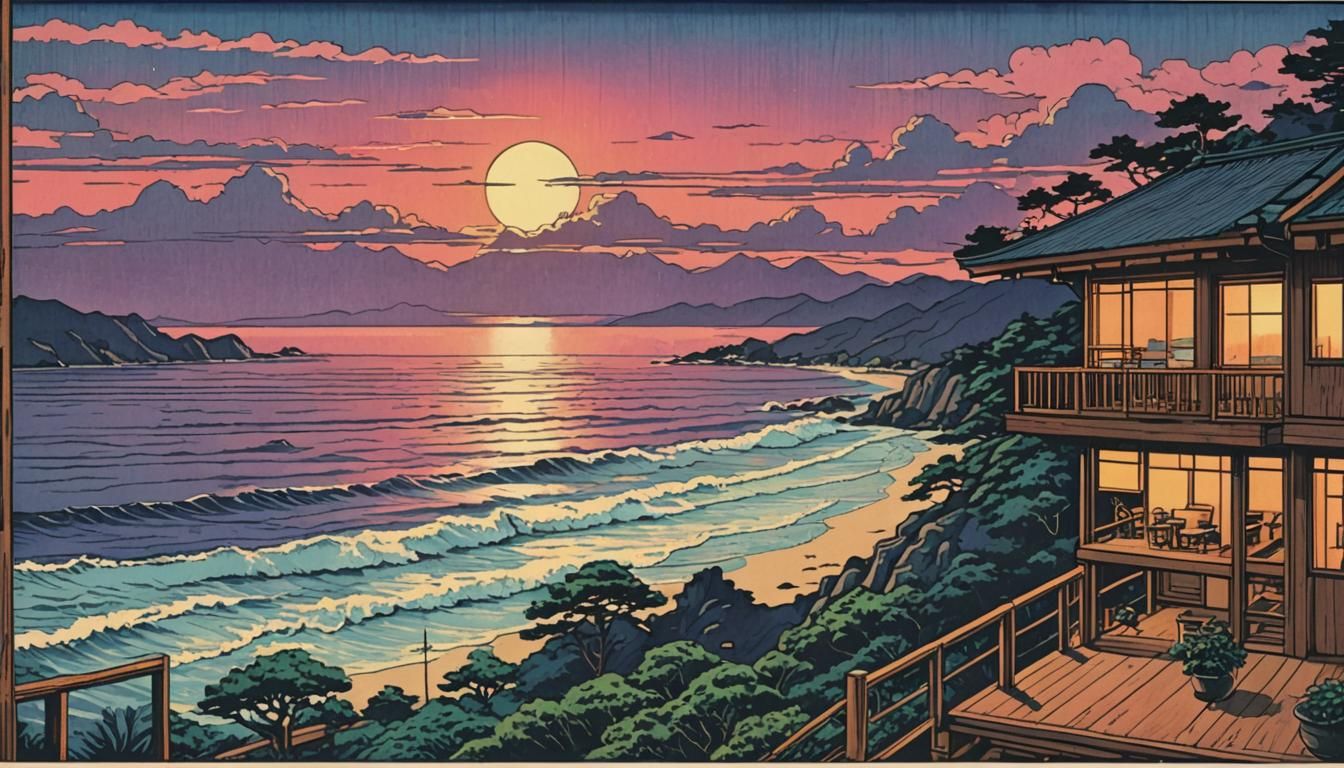 Pacific Ocean Sunrise: Meiji Era Woodblock Print