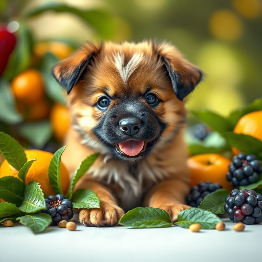 Whimsical Fruit Puppy in Vibrant Greenery