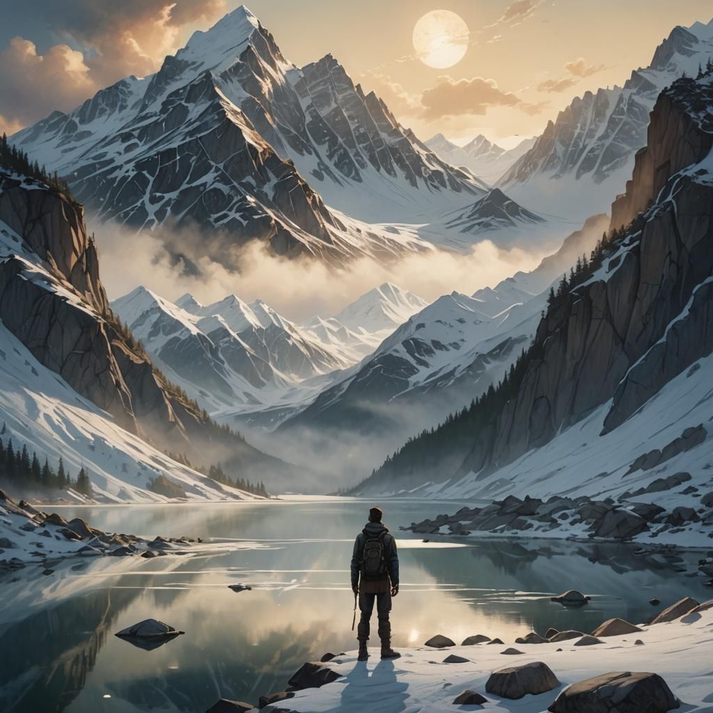 Lone Traveler at Mountain Lake: Matte Painting