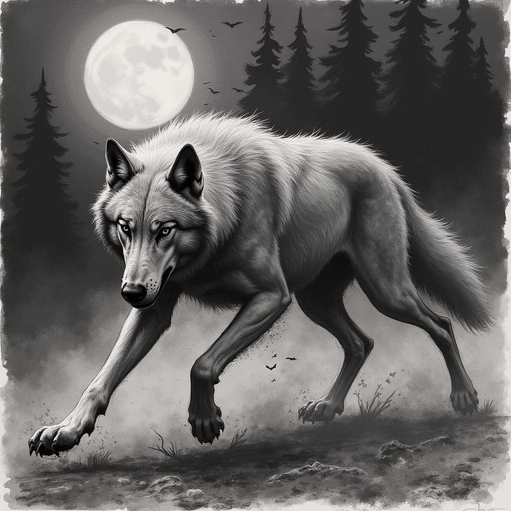 Wolf in Moonlit Forest, Charcoal Drawing