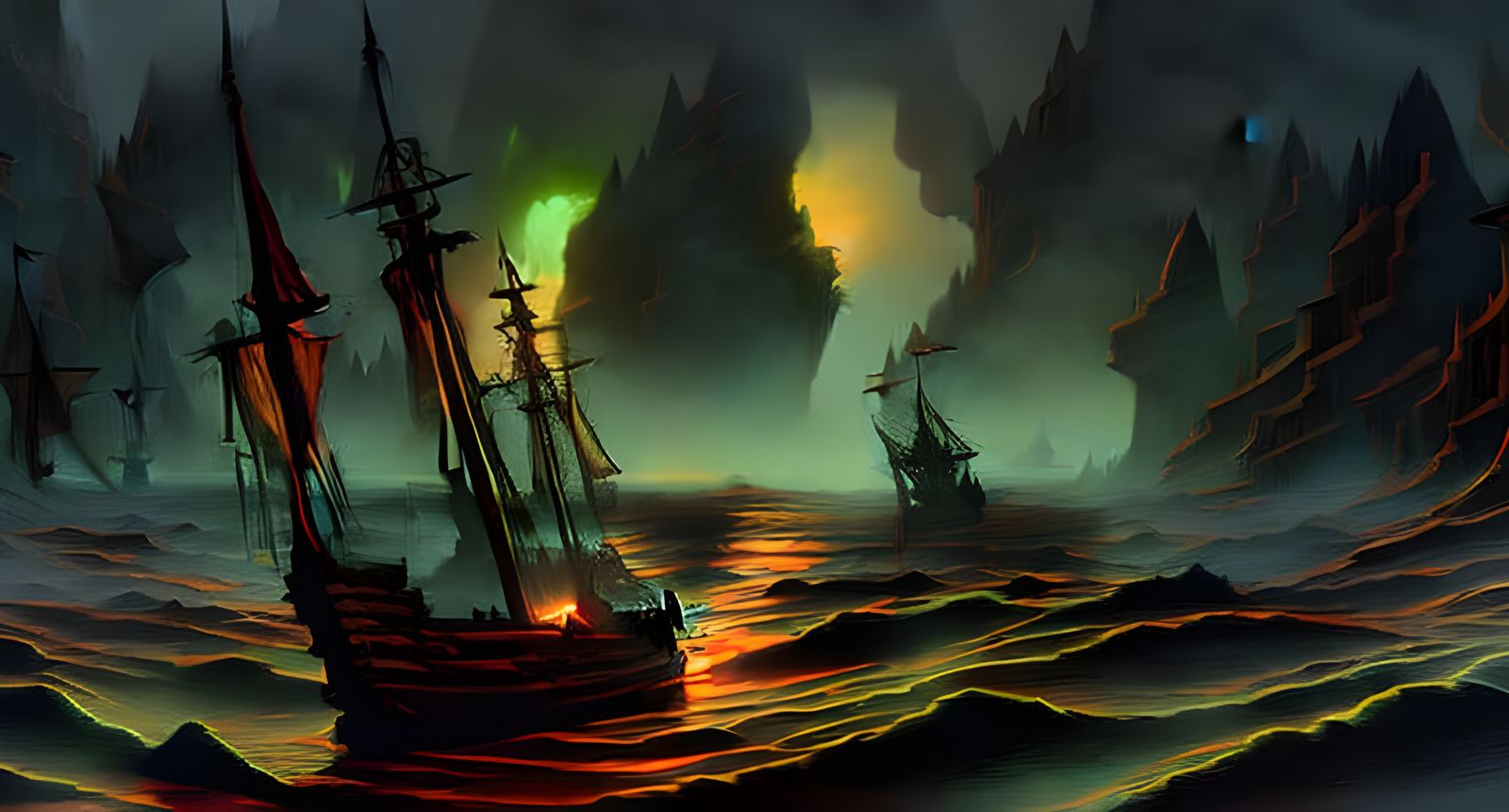 Ghost Ship Sailing Through a Stormy Seascape