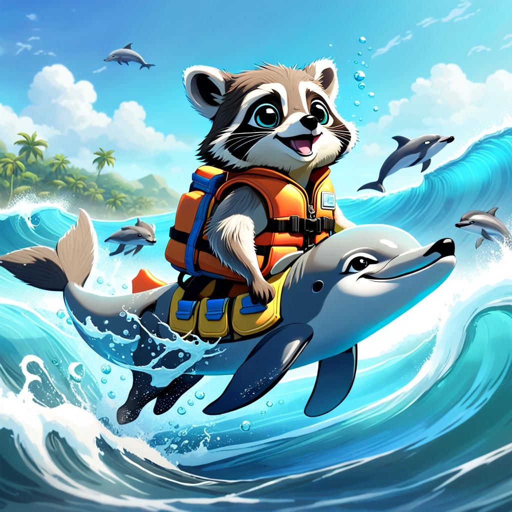Racoon wearing a life jacket, and a dolphin in the waves.