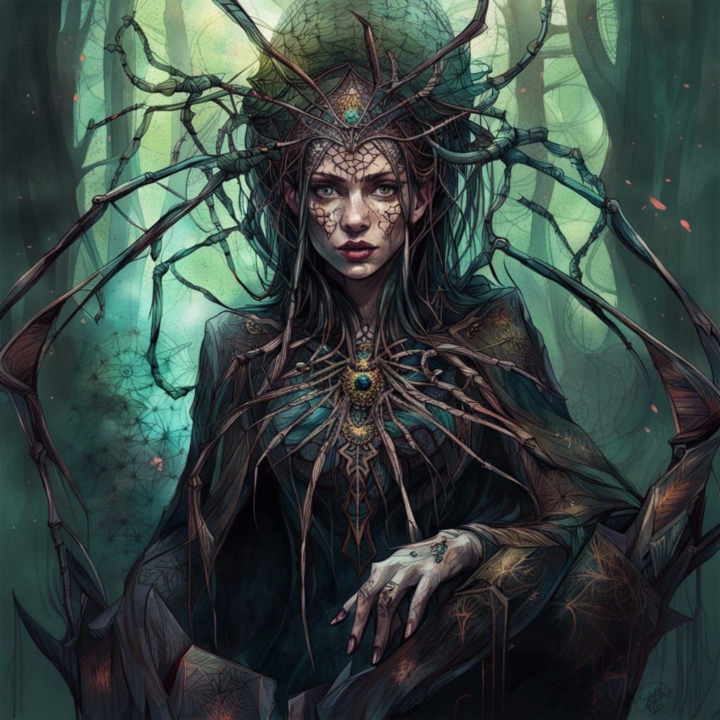 Detailed Spider Priestess Queen in Dark Fantasy Style