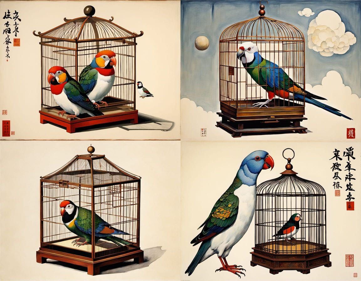 Surrealist Birdcage with Exotic Birds in Egon Schiele Style
