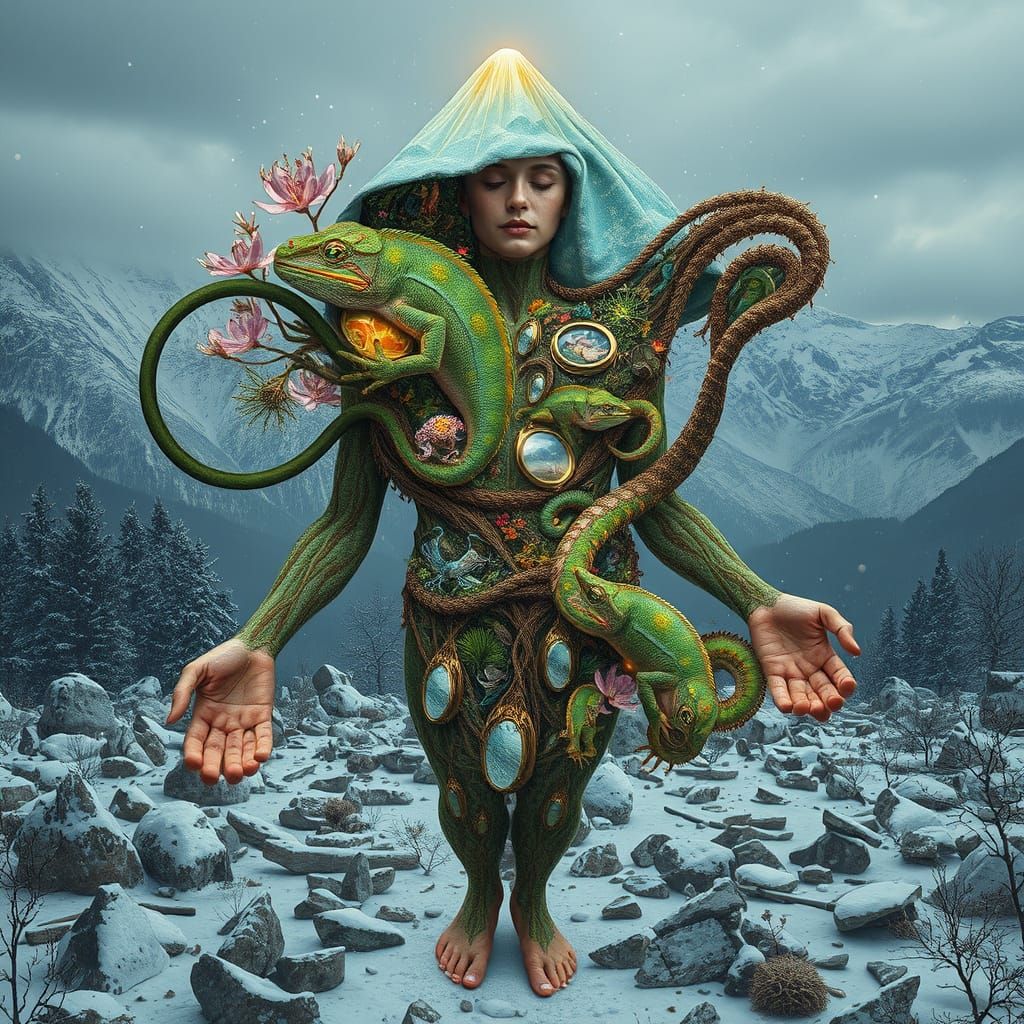 Bio-Art Collage: Weathered Prince Resting in Ecosystem