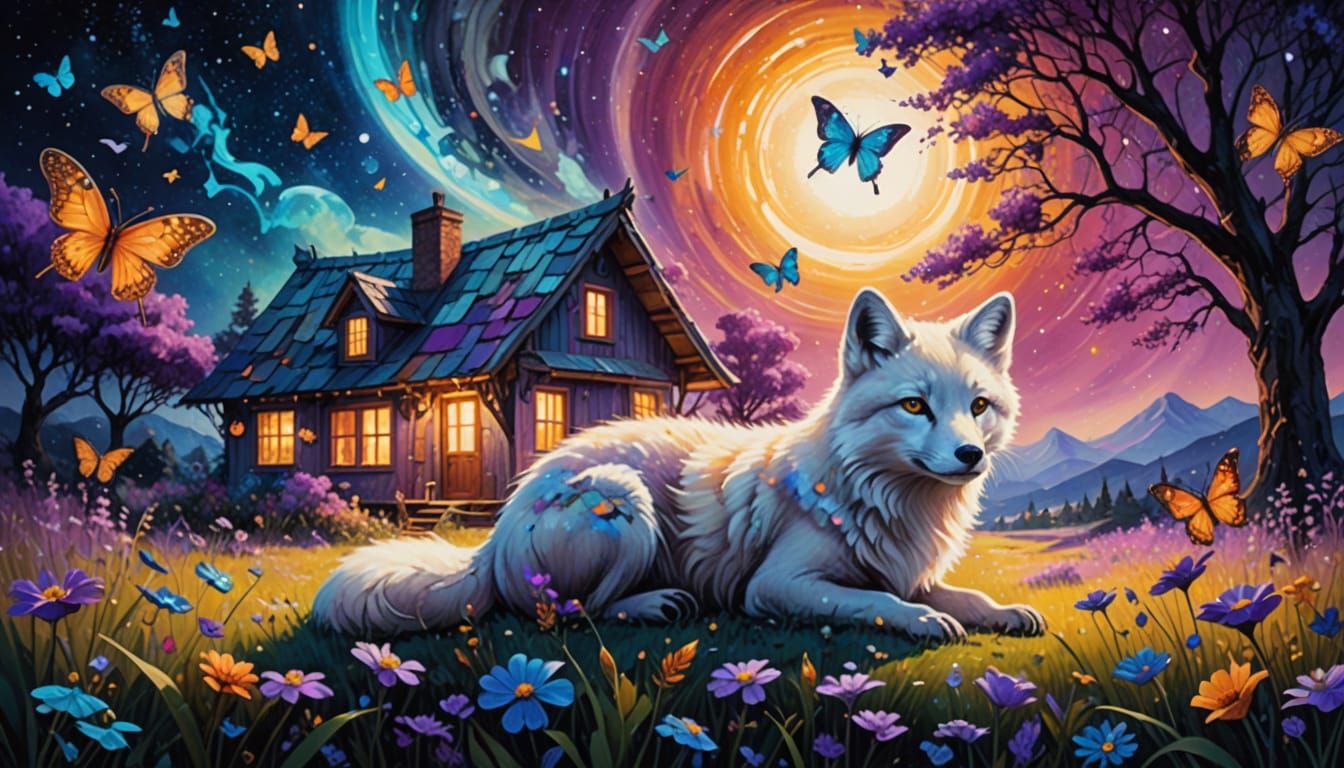 Surreal Arctic Fox Landscape in Vibrant Oil Painting Style