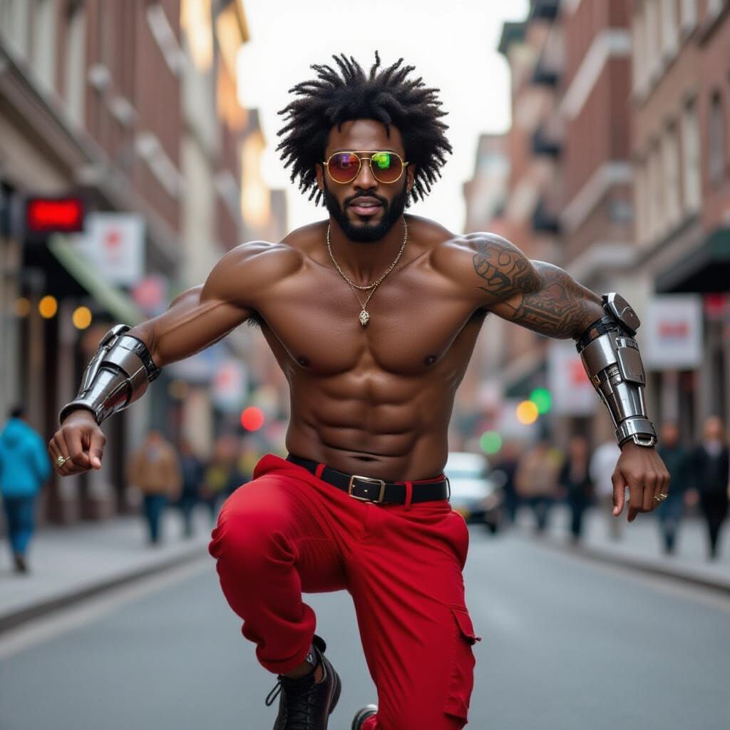 African Man in Red Pants Performing Street Parkour