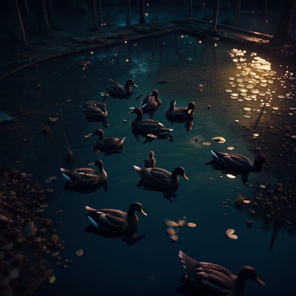 Noir Pond: Swimming Ducks in Pentagram Formation
