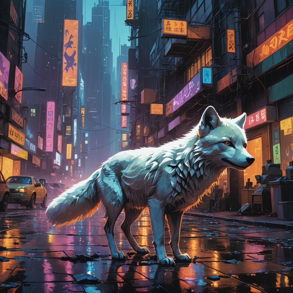 Arctic Fox in Dystopian Cyberpunk Cityscape