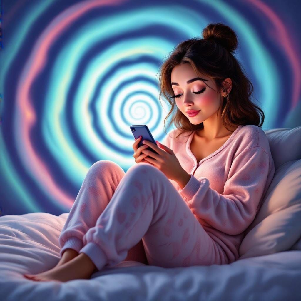 Woman Mesmerized by Phone Screen in Cartoon Style