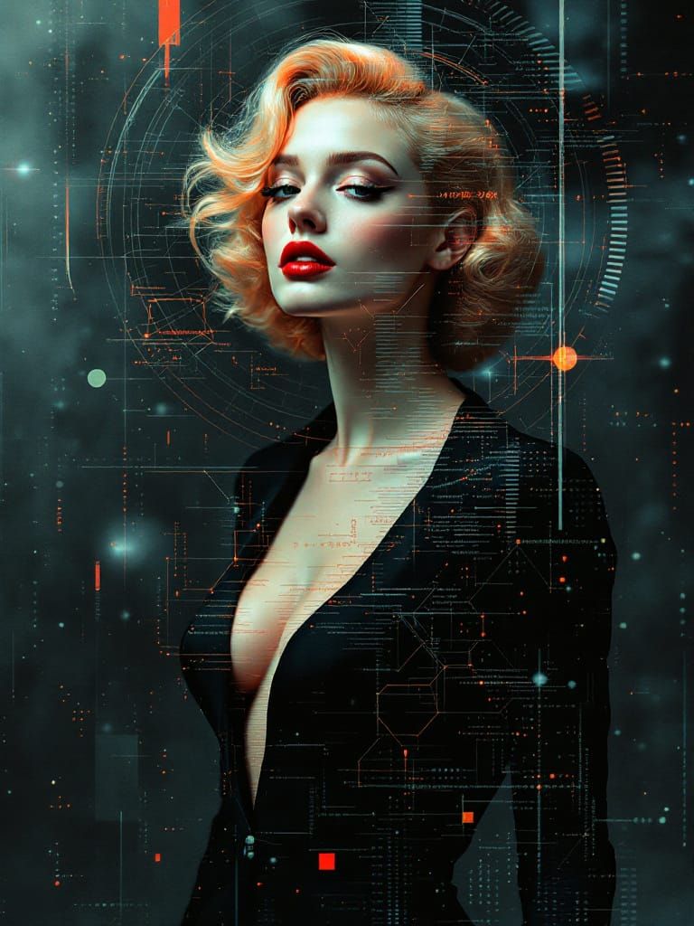 Pin-Up Woman Merges with Digital Glitch Art