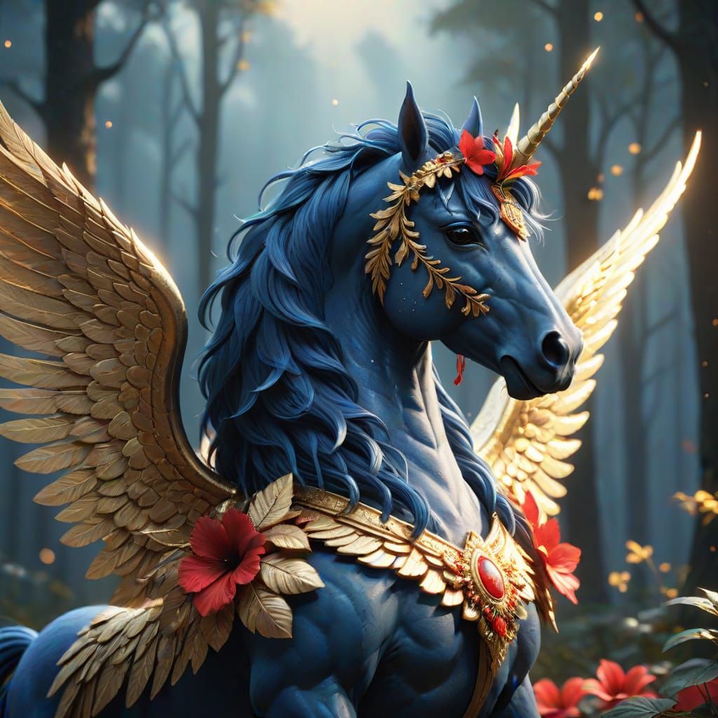 Majestic Dark Blue Unicorn in Moonlit Forest