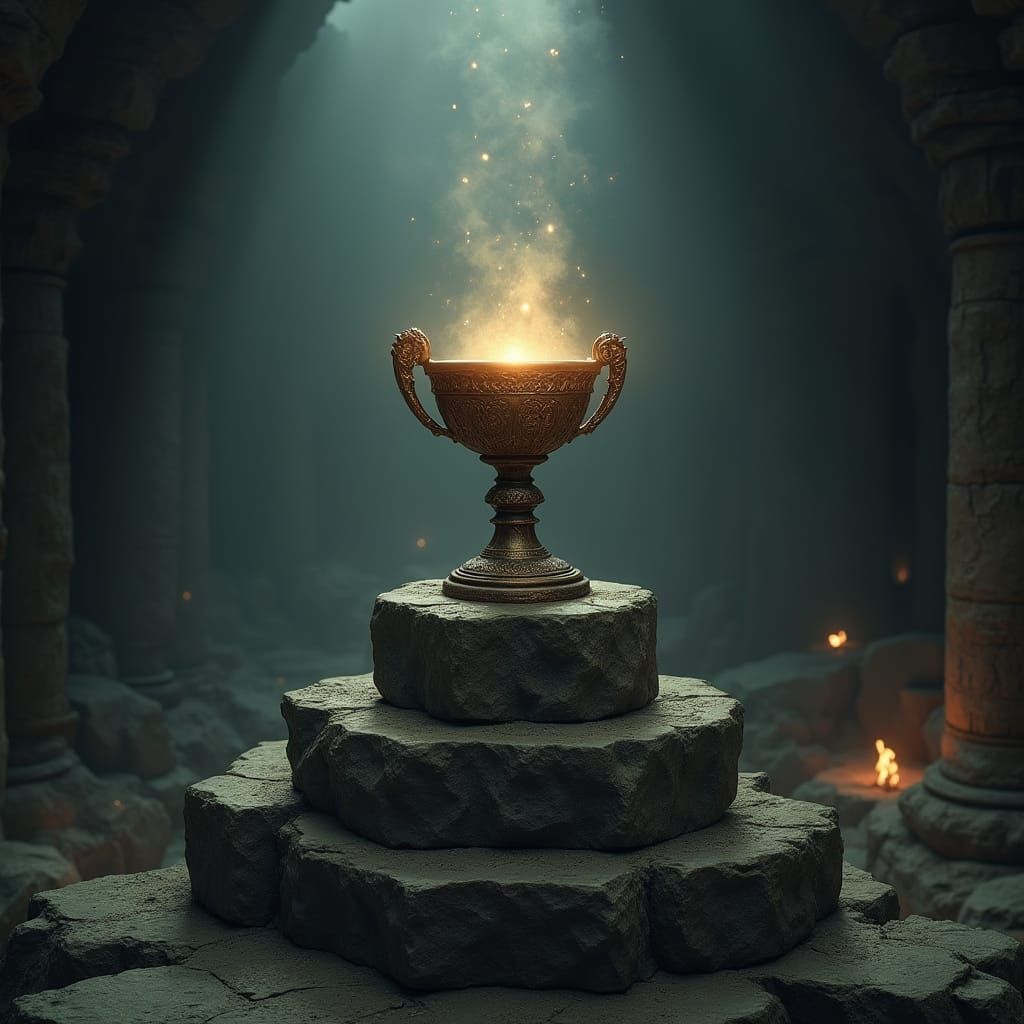 Ancient Arcane Chalice Illuminated in Dark Cavern Majesty