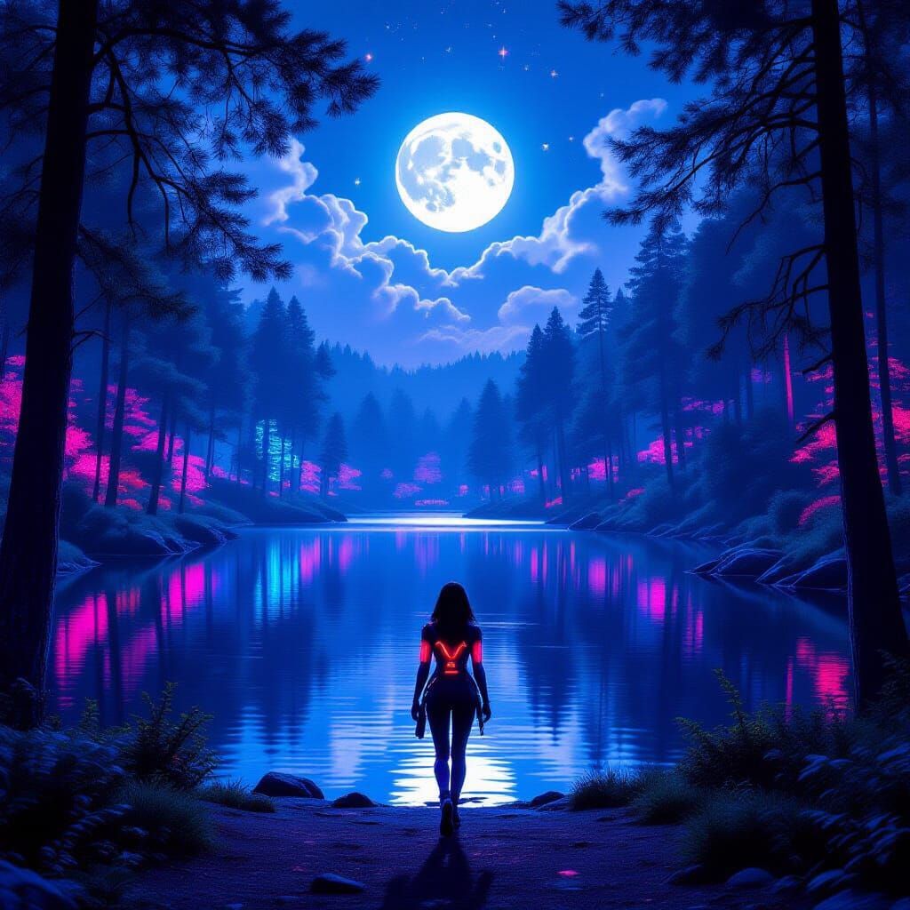 Cyberpunk Neon Lights Illuminate Forest Lake