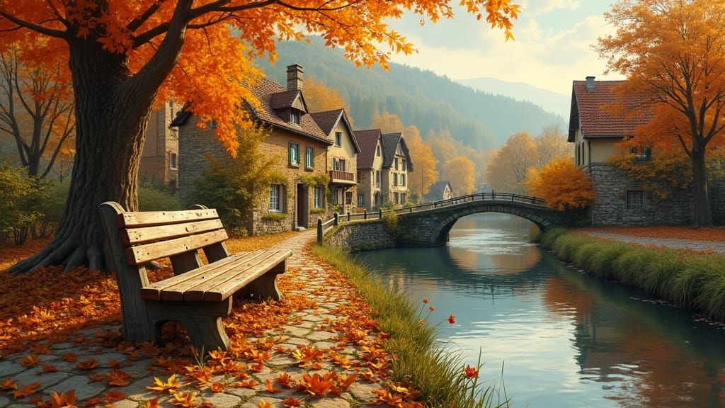 Autumn Village Scene with Wooden Bench, Old Masters Style