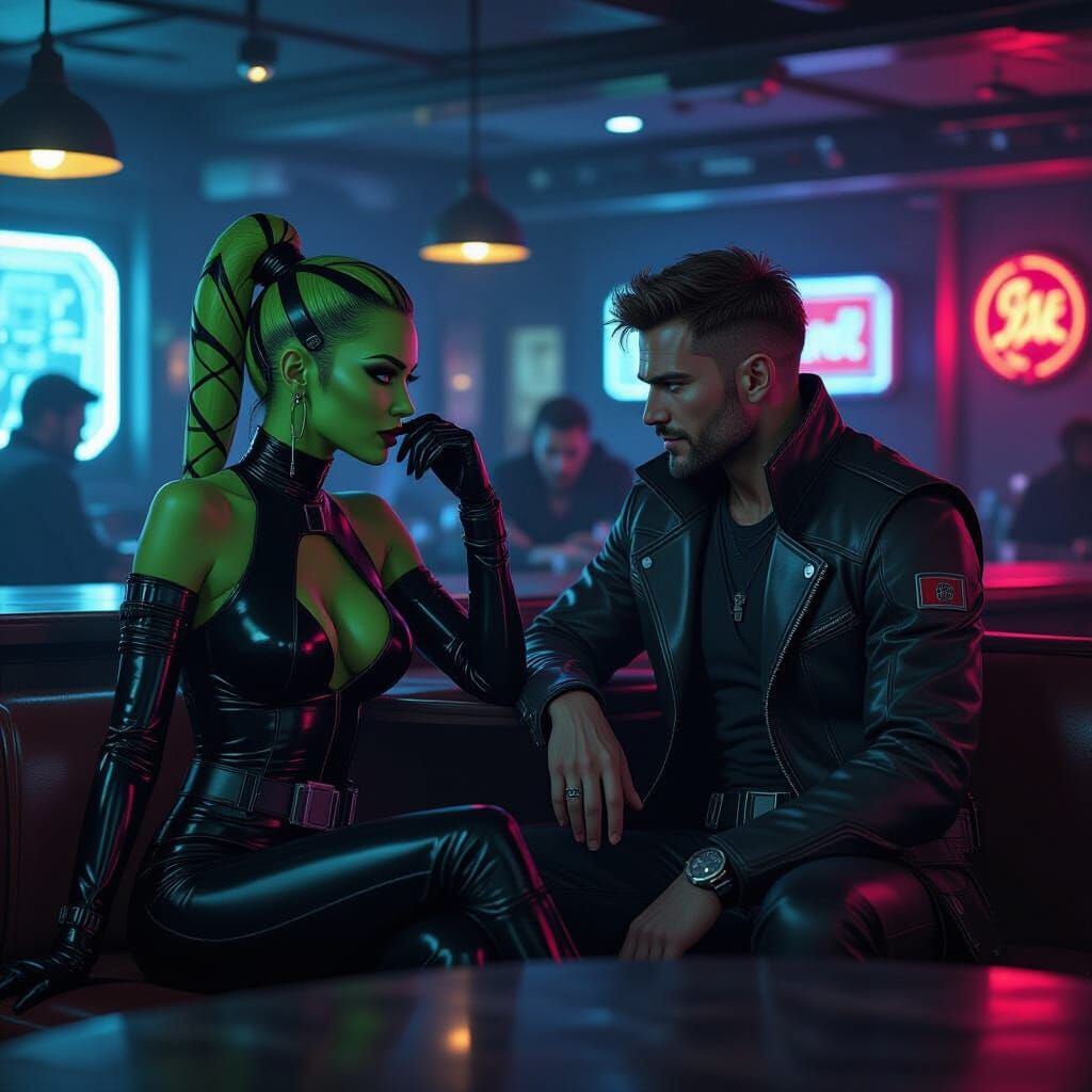 Twi'lek Flirting in a Sci-Fi Bar, Syd Mead Style
