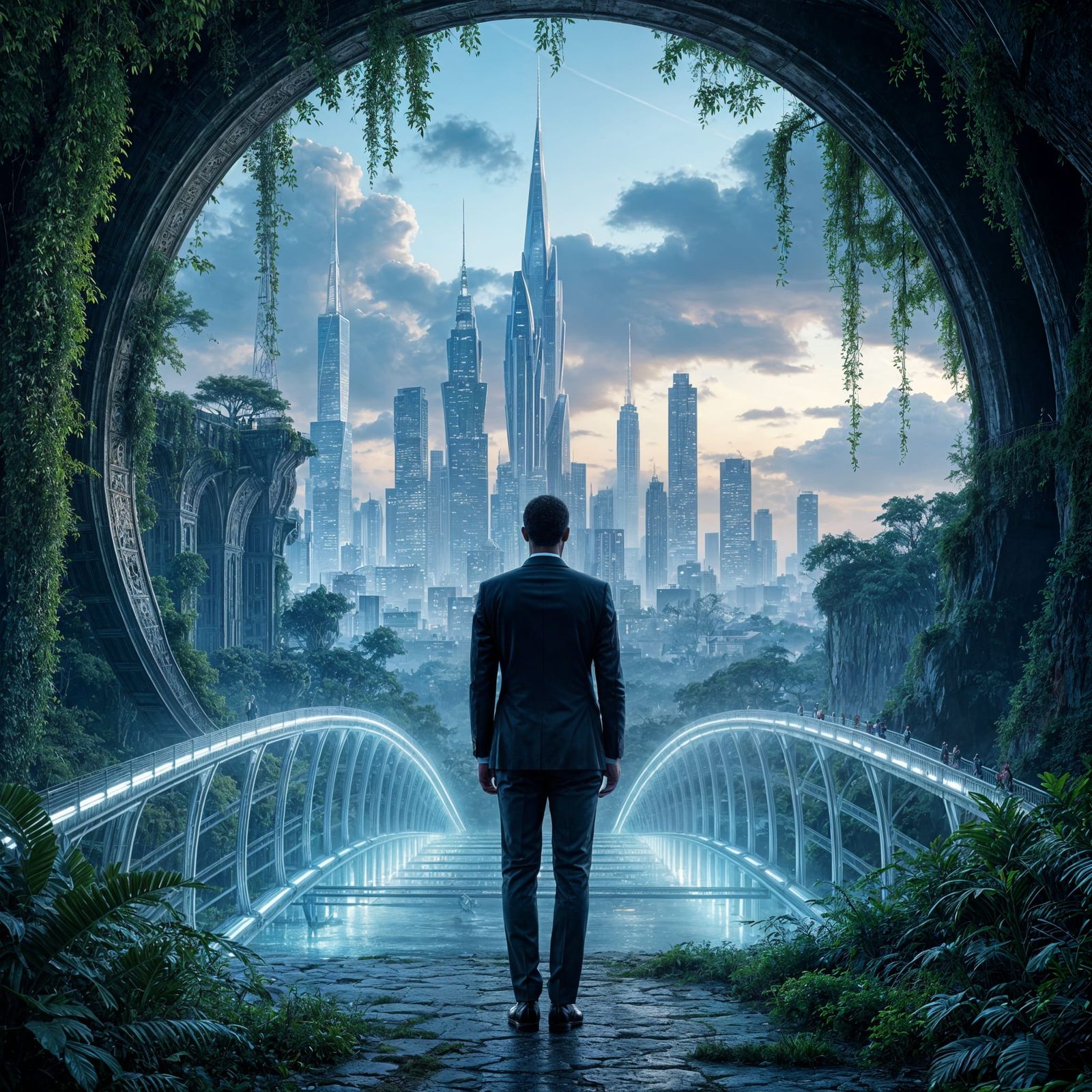 African Gentleman on Bioluminescent Bridge Amidst Ruins