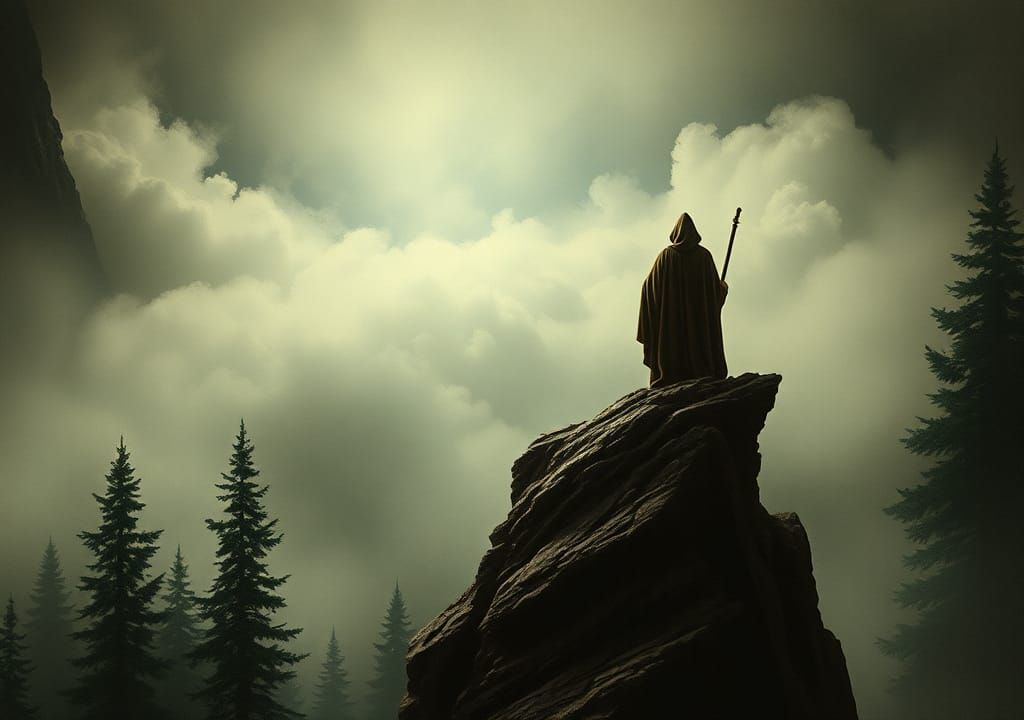 Wizard Overlooking Misty Forest, Dore Engraving Style