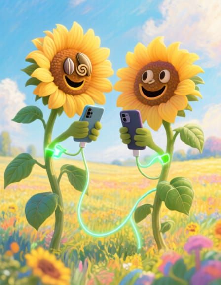 Giant Sunflowers Chatting on Smartphones in Sunny Field
