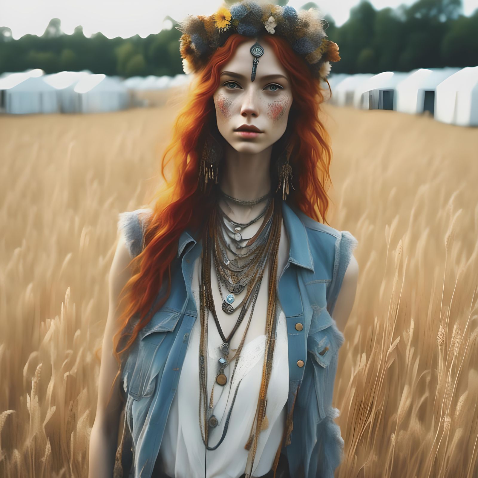 Woman in Field with 70s Chic Style