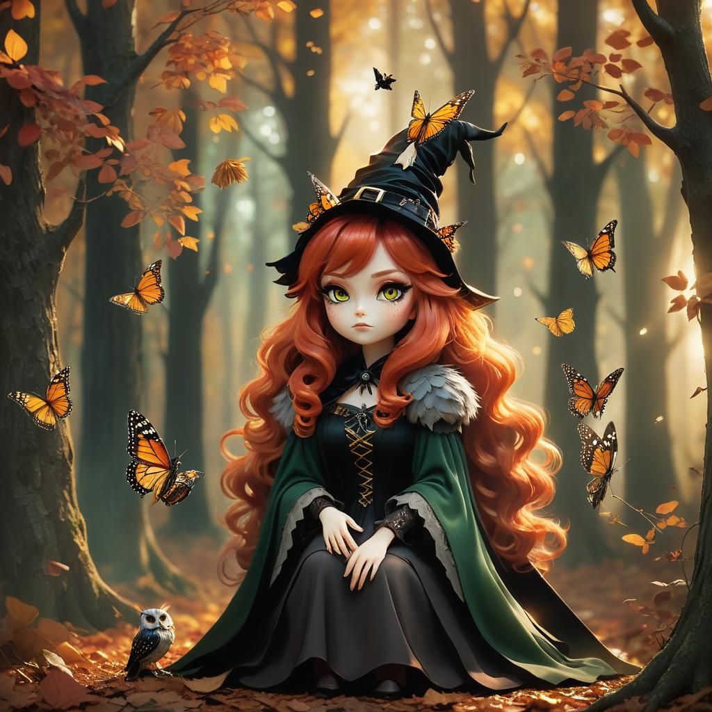 Chibi Witch in Magical Autumn Forest, 3D Render