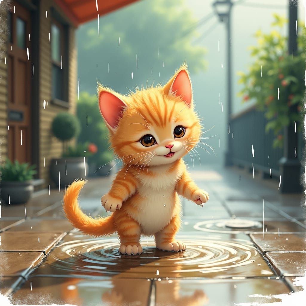 Wet Kitten Emerges on Rainy Porch in Watercolor Style