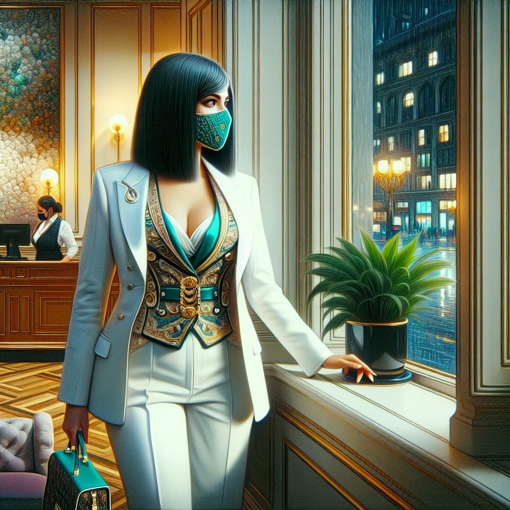 Elegant Woman in Office Lobby Oil Painting