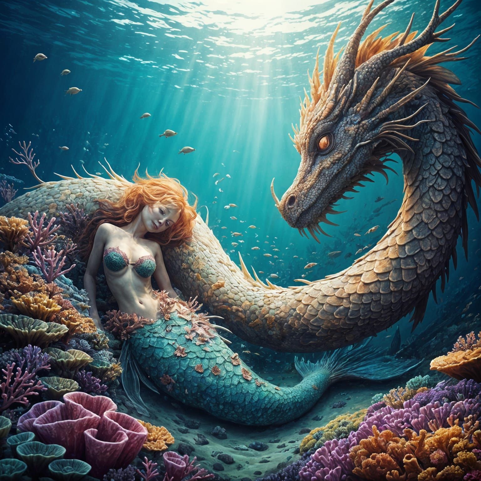 Coral Sea Dragon and Mermaid Fantasy Art
