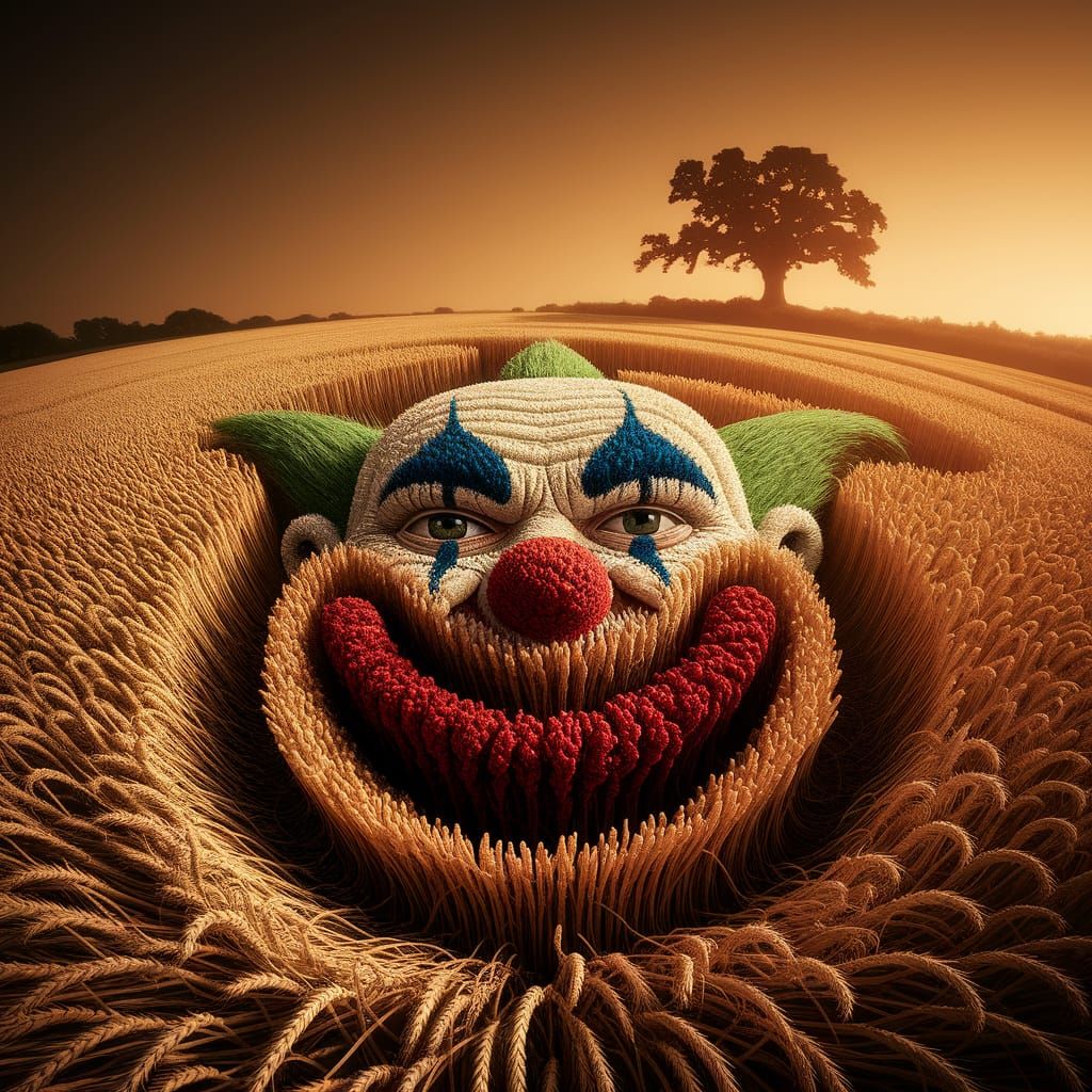 Evil Clown Crop Circle in Golden Wheat Field