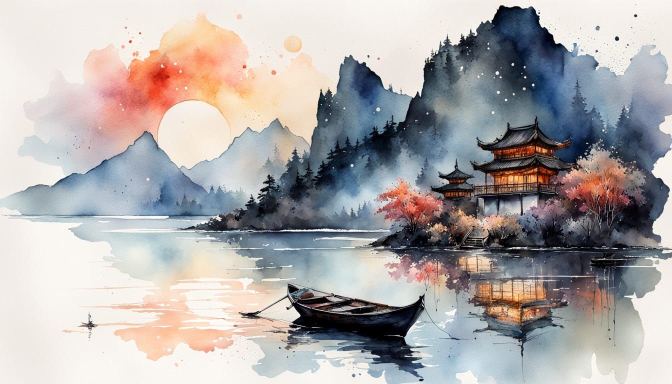 Chinese Mountain Lake Sunset in Art Brut Style