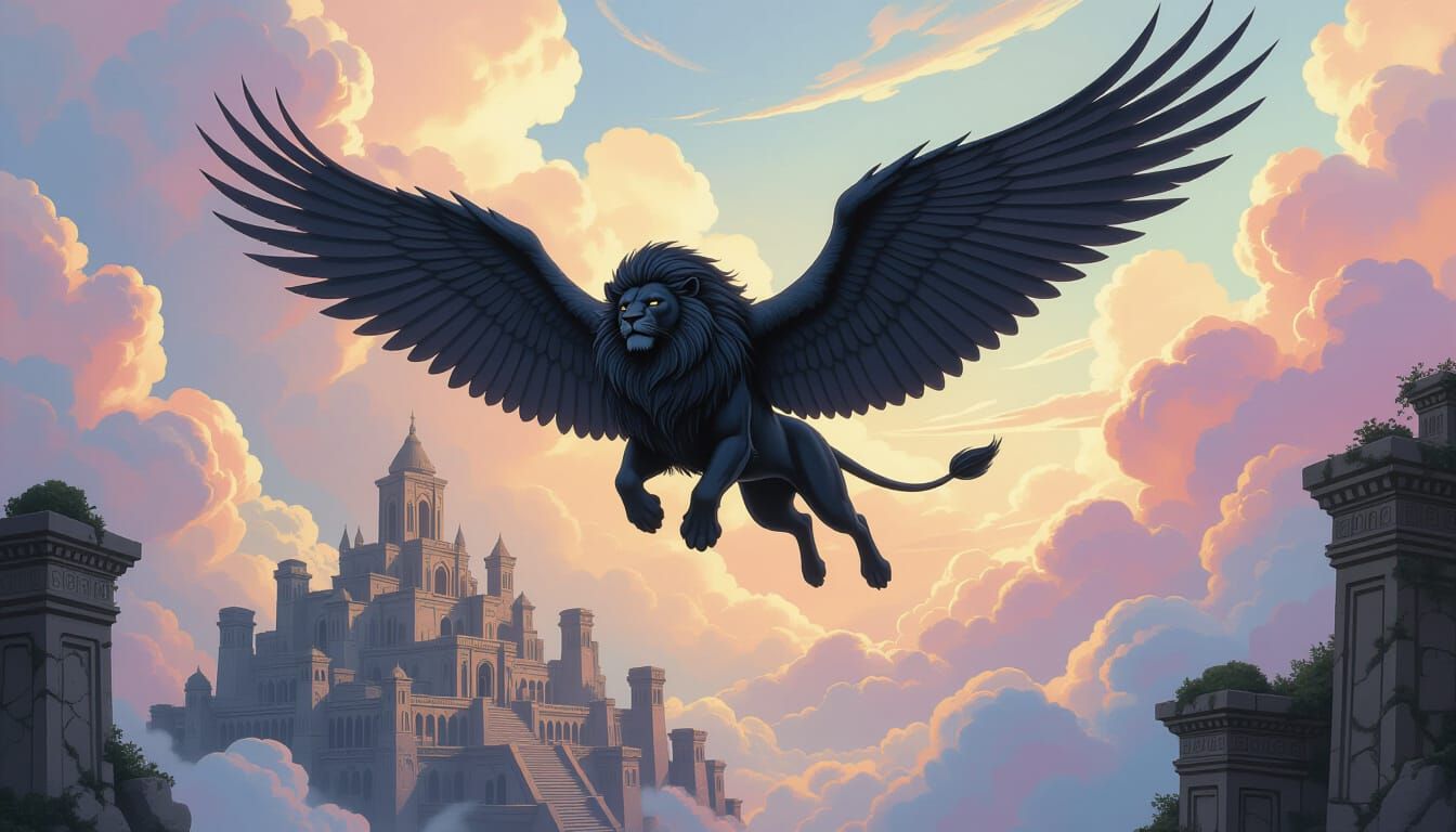 Winged Obsidian Lion Soars Over Hidden City