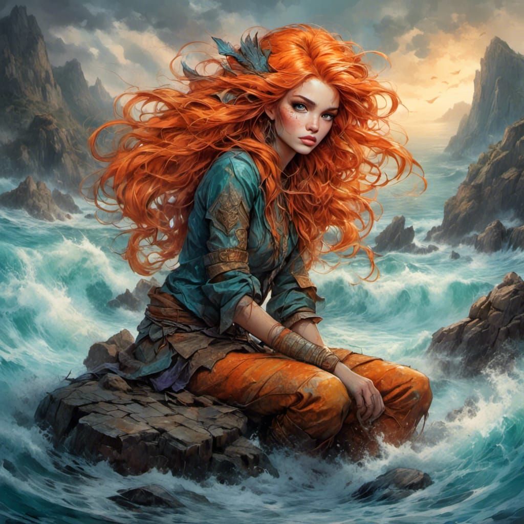 Orange-Haired Mermaid in Graffiti Art Style