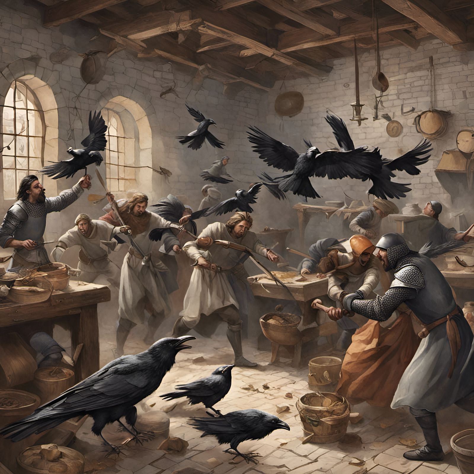 knights and scullery servants fight a swarm of ravens in a m...