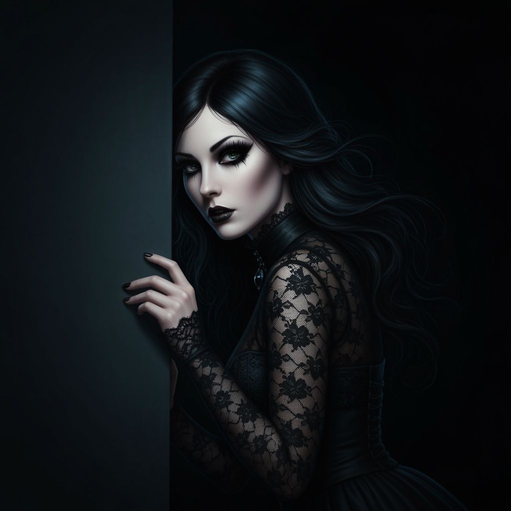 Goth Woman Peeking Around Shadowed Corner