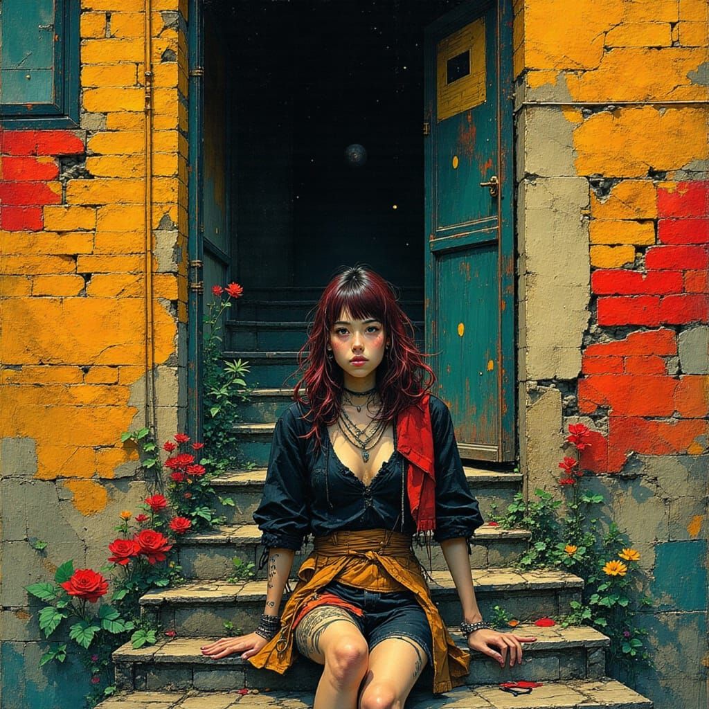 Urban Girl with Tattoo Calligraphy in Mixed-Media Style