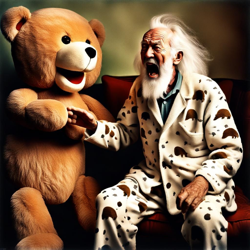 Vintage Photo of Old Man Yelling at Teddy Bear