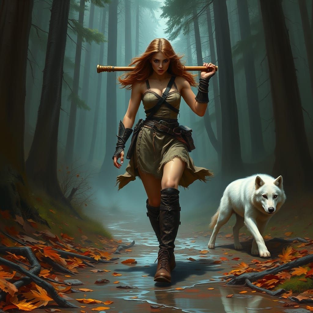 Woman with Axe and Wolf in Dark Fantasy Style