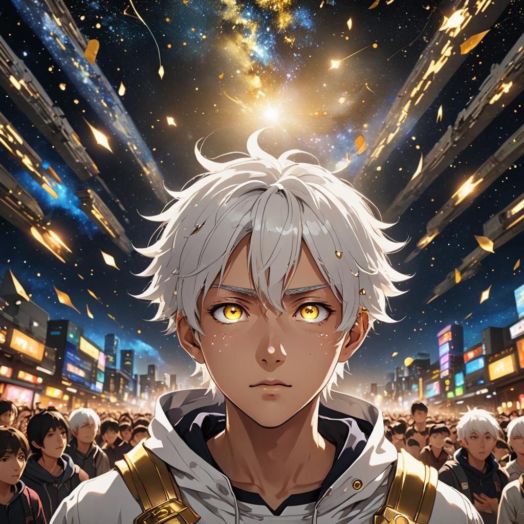 Anime Boy with Golden Eyes in Space